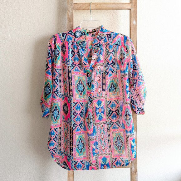 Depri Tunic Size Large Multicolor Semi Sheer 3/4 Sleeve Half Button VNeck Blouse - Picture 1 of 6